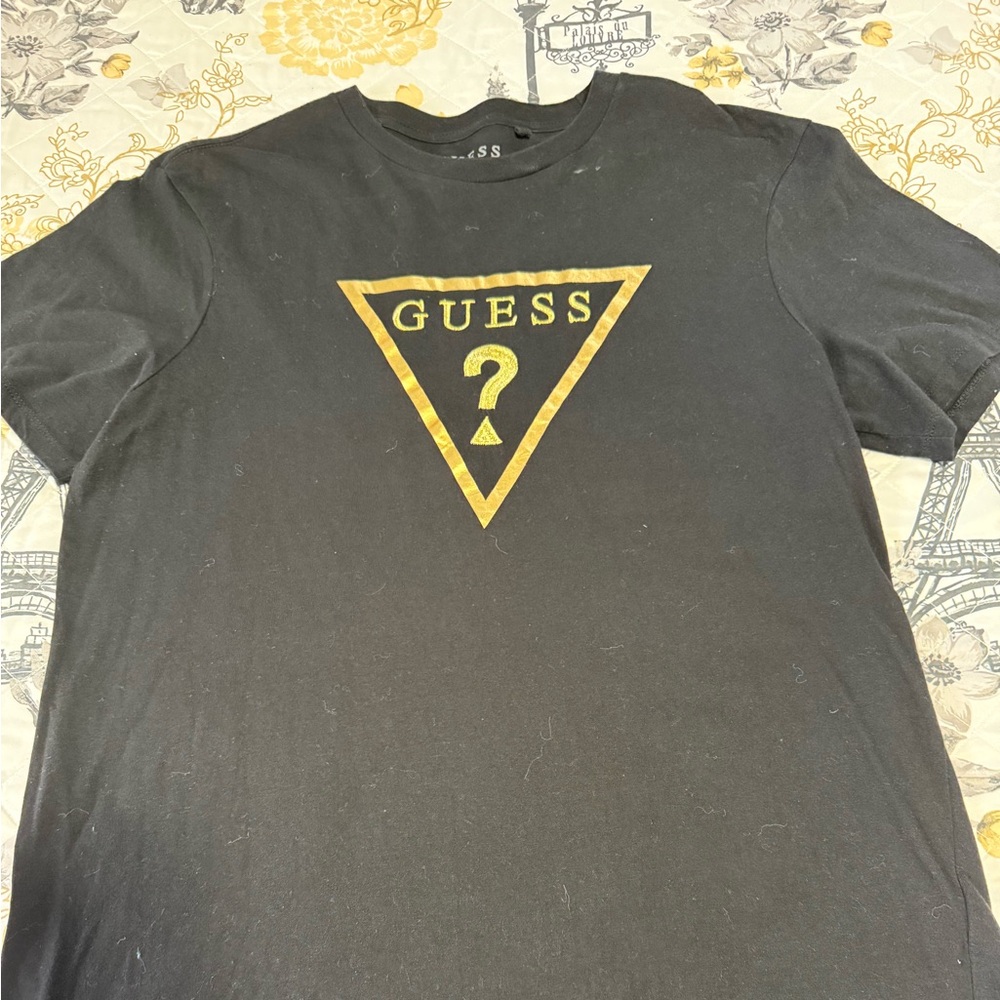 GUESS Men’s Black T-Shirt with Gold Embroidery Logo